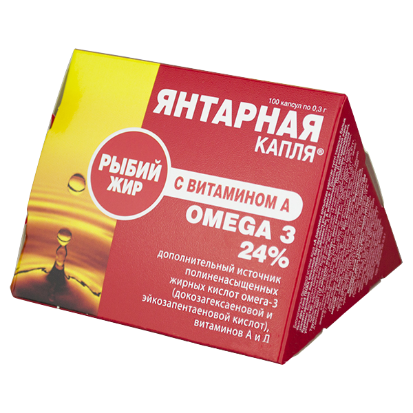 Рыбий жир "Янтарная капля" с витамином А - БАД, № 100 капс. х 0,3 г